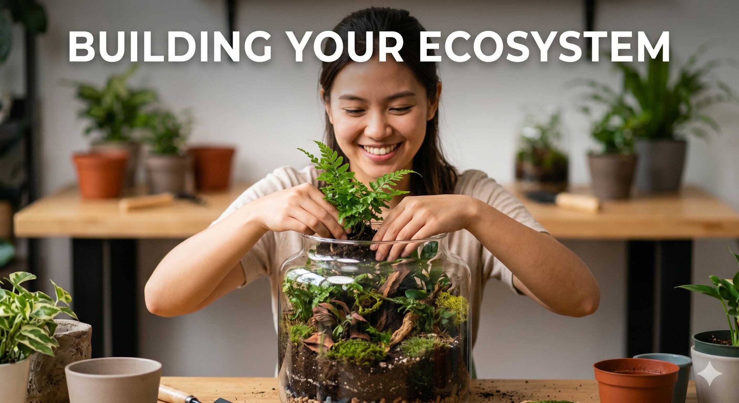 A person wearing an apron planting a green fern into a glass terrarium with visible soil layers.